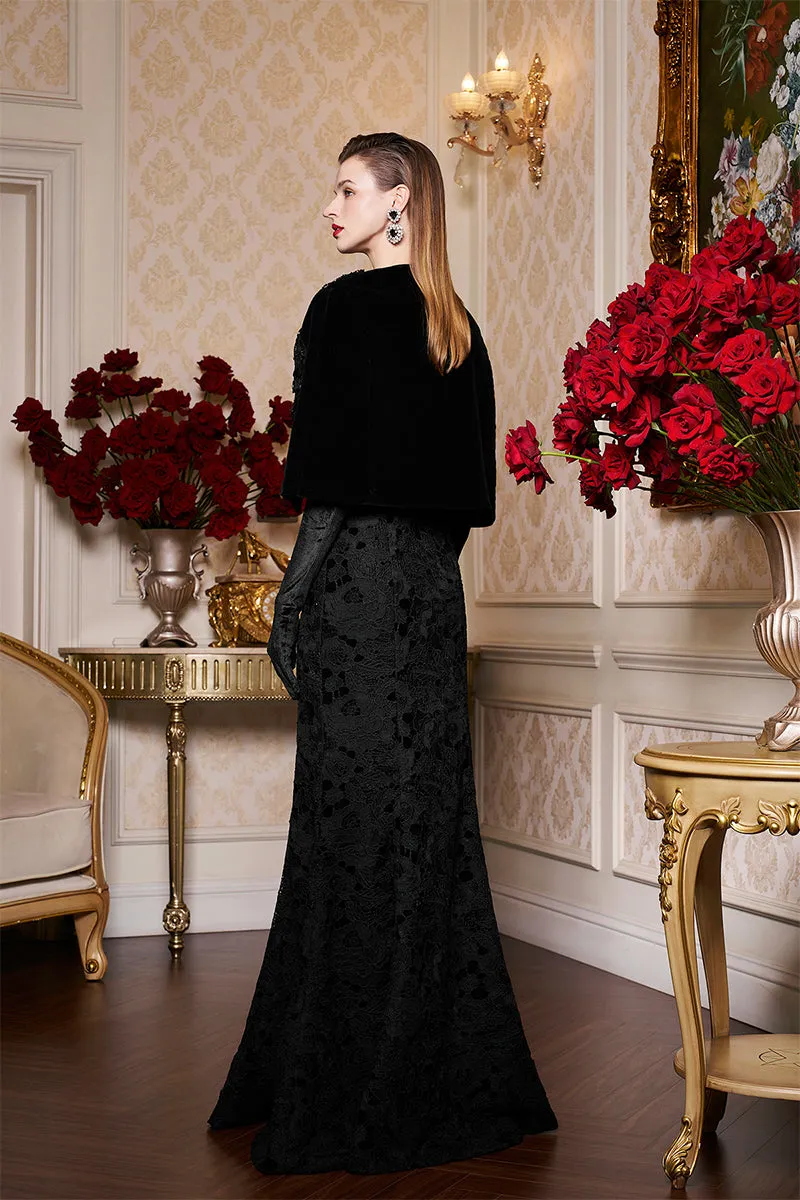 BLACK PRINCESS LINE STRAPLESS BLACK DRESS WITH CAPE