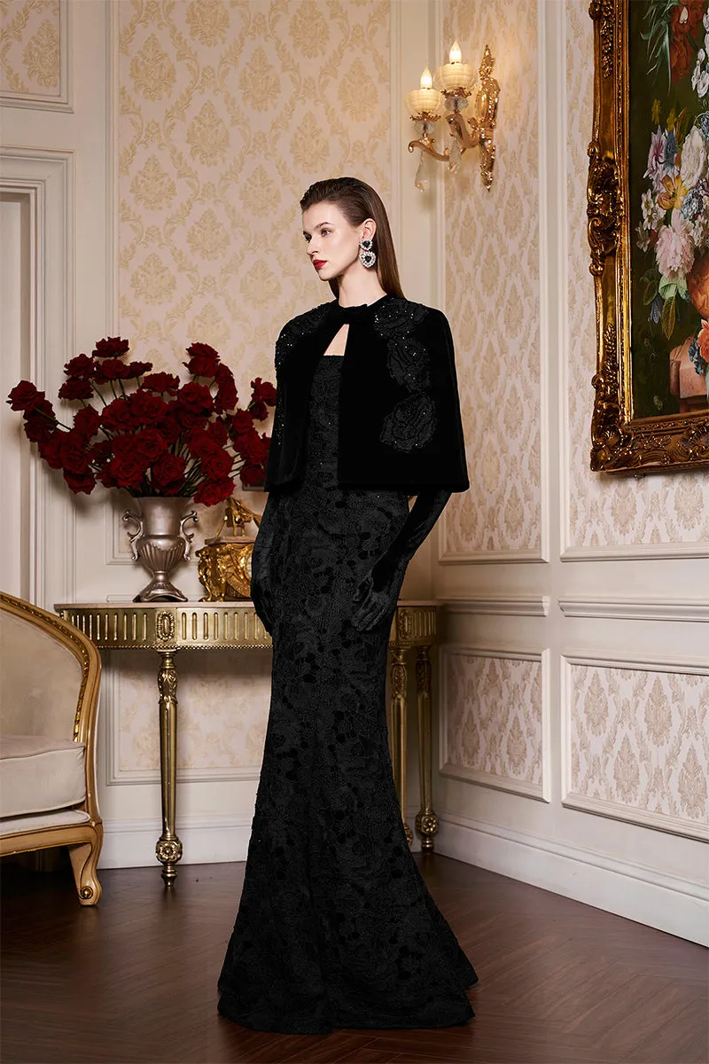BLACK PRINCESS LINE STRAPLESS BLACK DRESS WITH CAPE