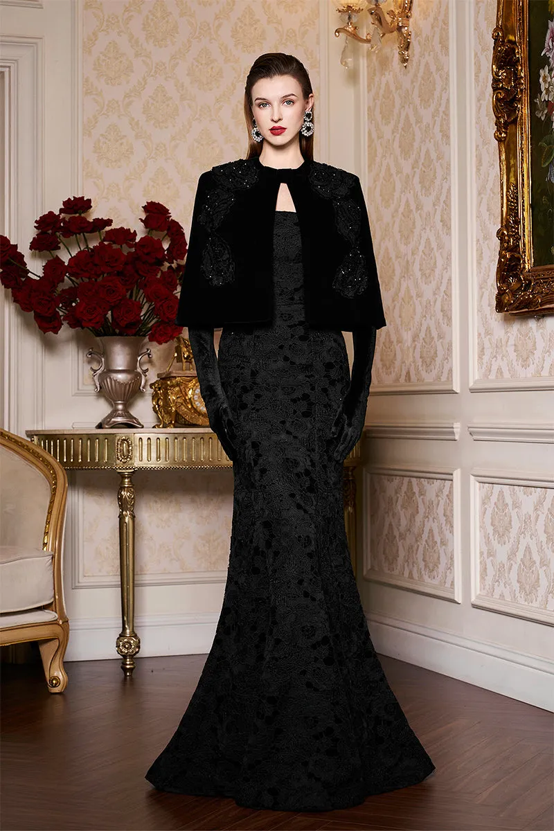 BLACK PRINCESS LINE STRAPLESS BLACK DRESS WITH CAPE