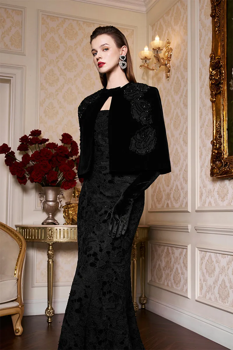 BLACK PRINCESS LINE STRAPLESS BLACK DRESS WITH CAPE