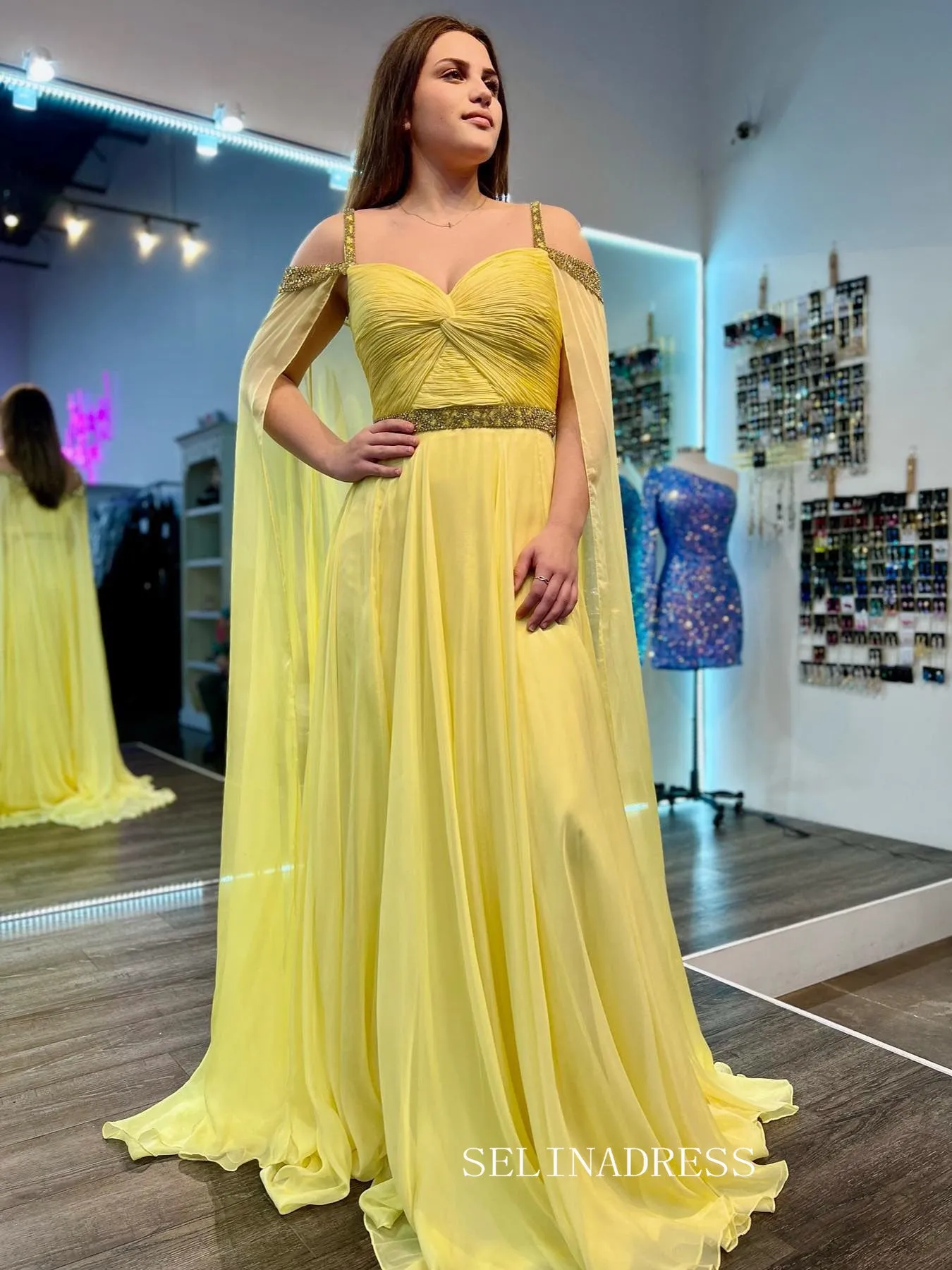 Chic A-line Straps Yellow Long Prom Dress Chiffon Cape Beaded Elegant Evening Dress #OPW002