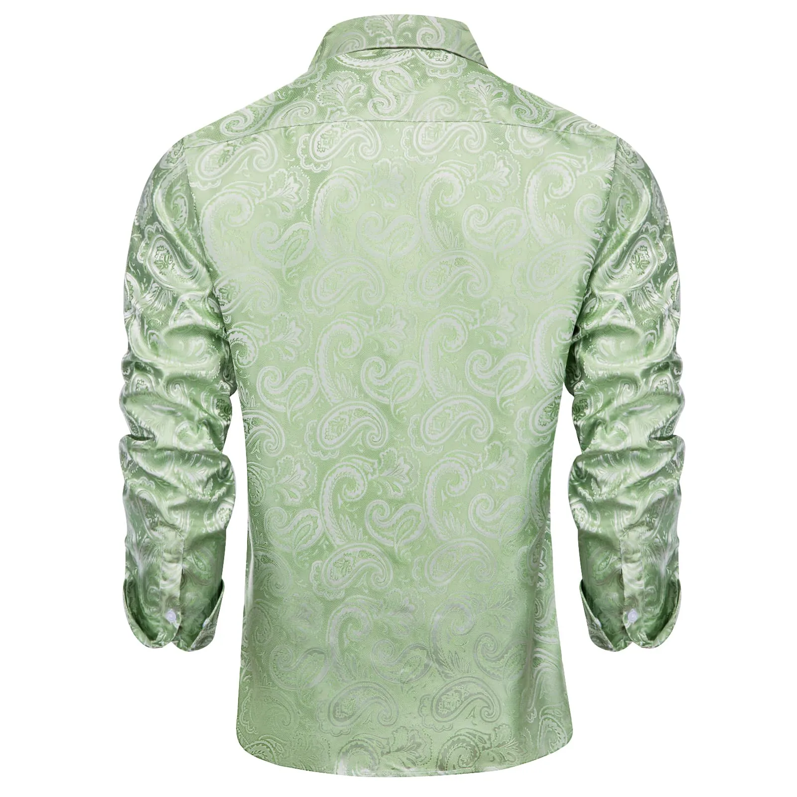 DiBanGu Collared Shirt Sage Green Paisley Silk Button Down Long Sleeve Mens Shirt Dress