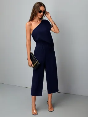 Elegant Plain Short Sleeve One Shoulder Natural Long Women Jumpsuits
