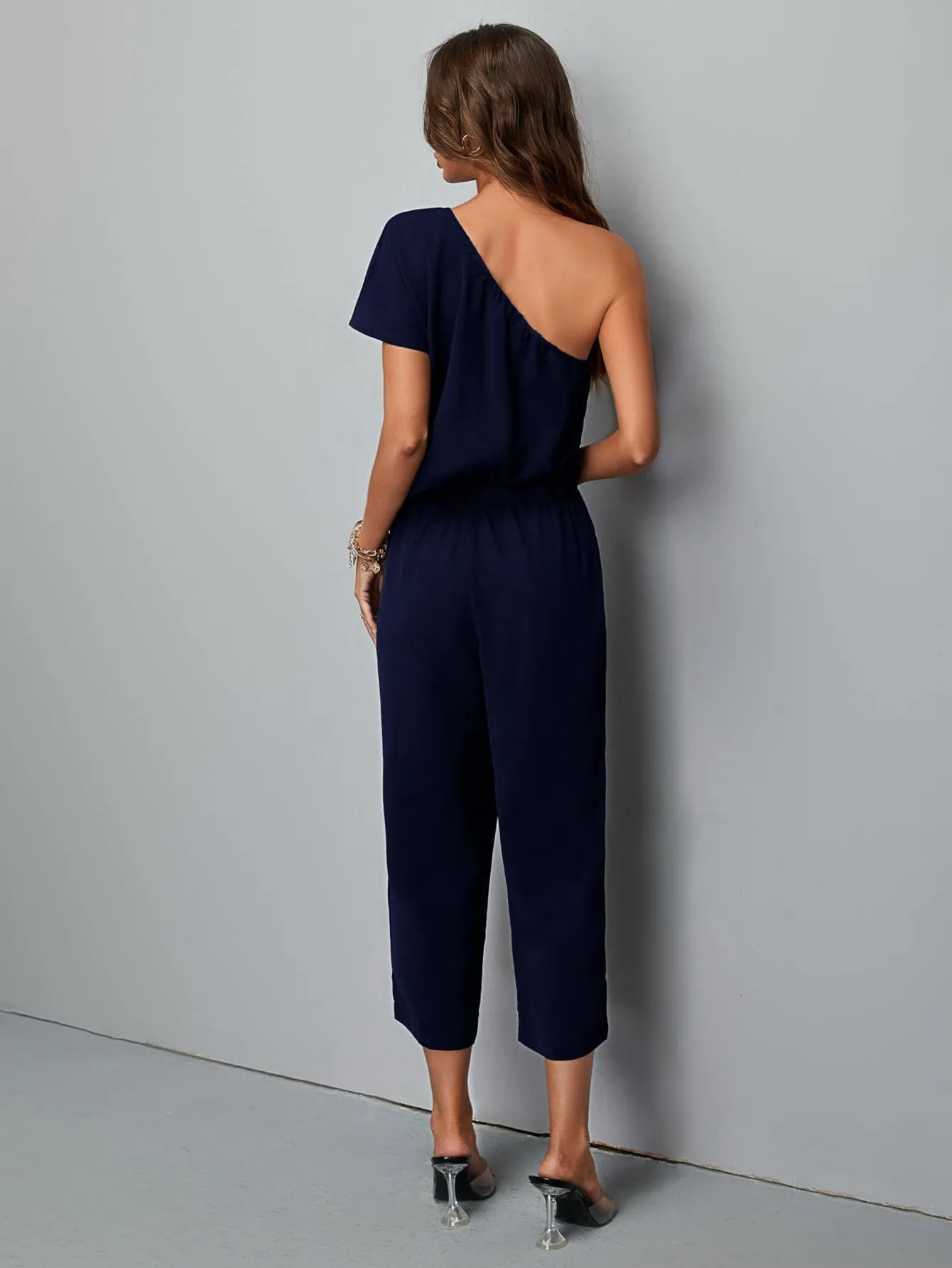 Elegant Plain Short Sleeve One Shoulder Natural Long Women Jumpsuits