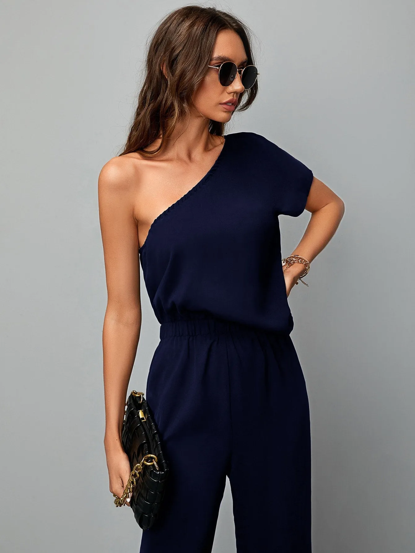 Elegant Plain Short Sleeve One Shoulder Natural Long Women Jumpsuits