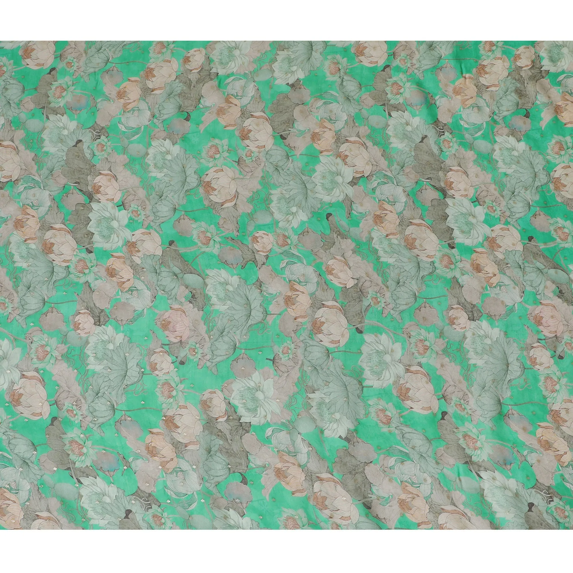 Green and Beige Floral Synthetic Organza Fabric - 110 cm Width, Made in India-D19640