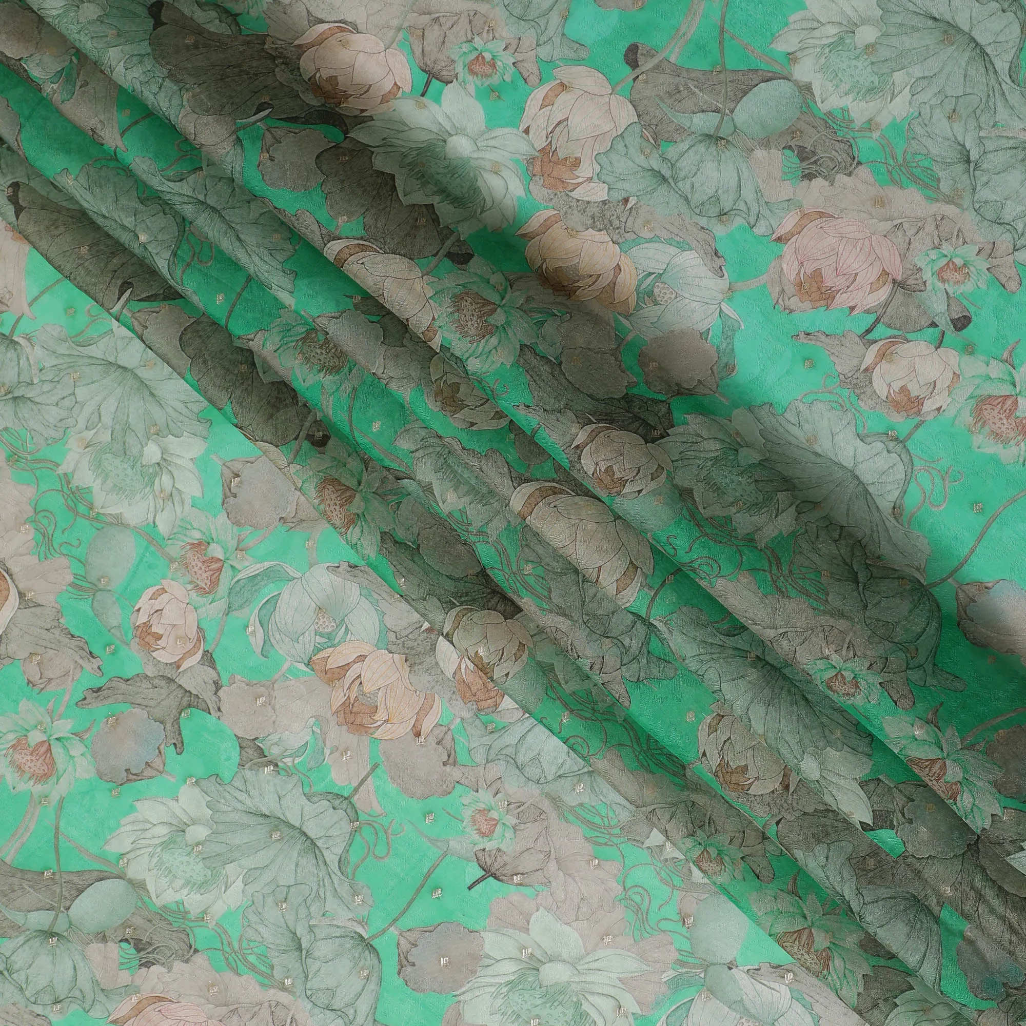 Green and Beige Floral Synthetic Organza Fabric - 110 cm Width, Made in India-D19640