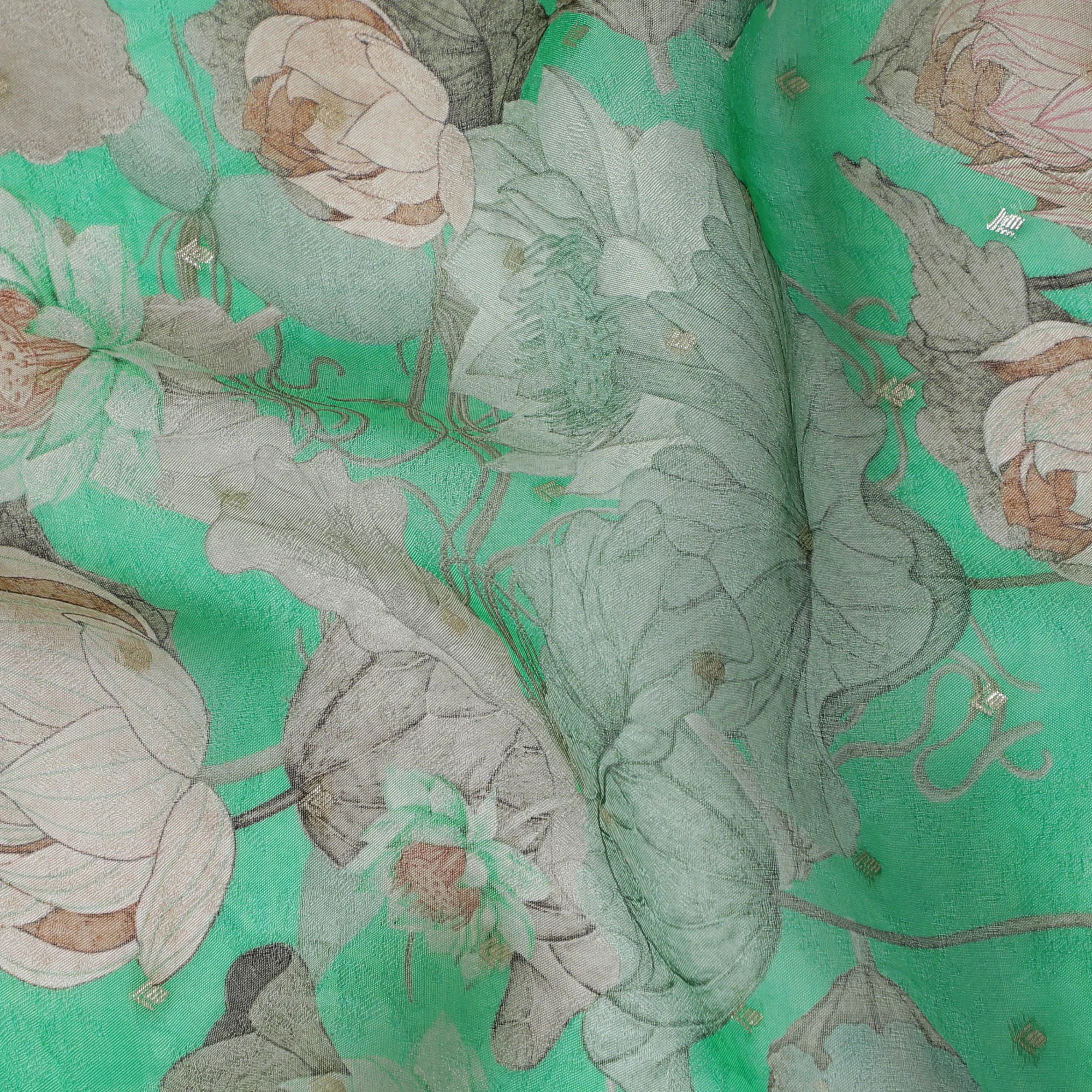 Green and Beige Floral Synthetic Organza Fabric - 110 cm Width, Made in India-D19640