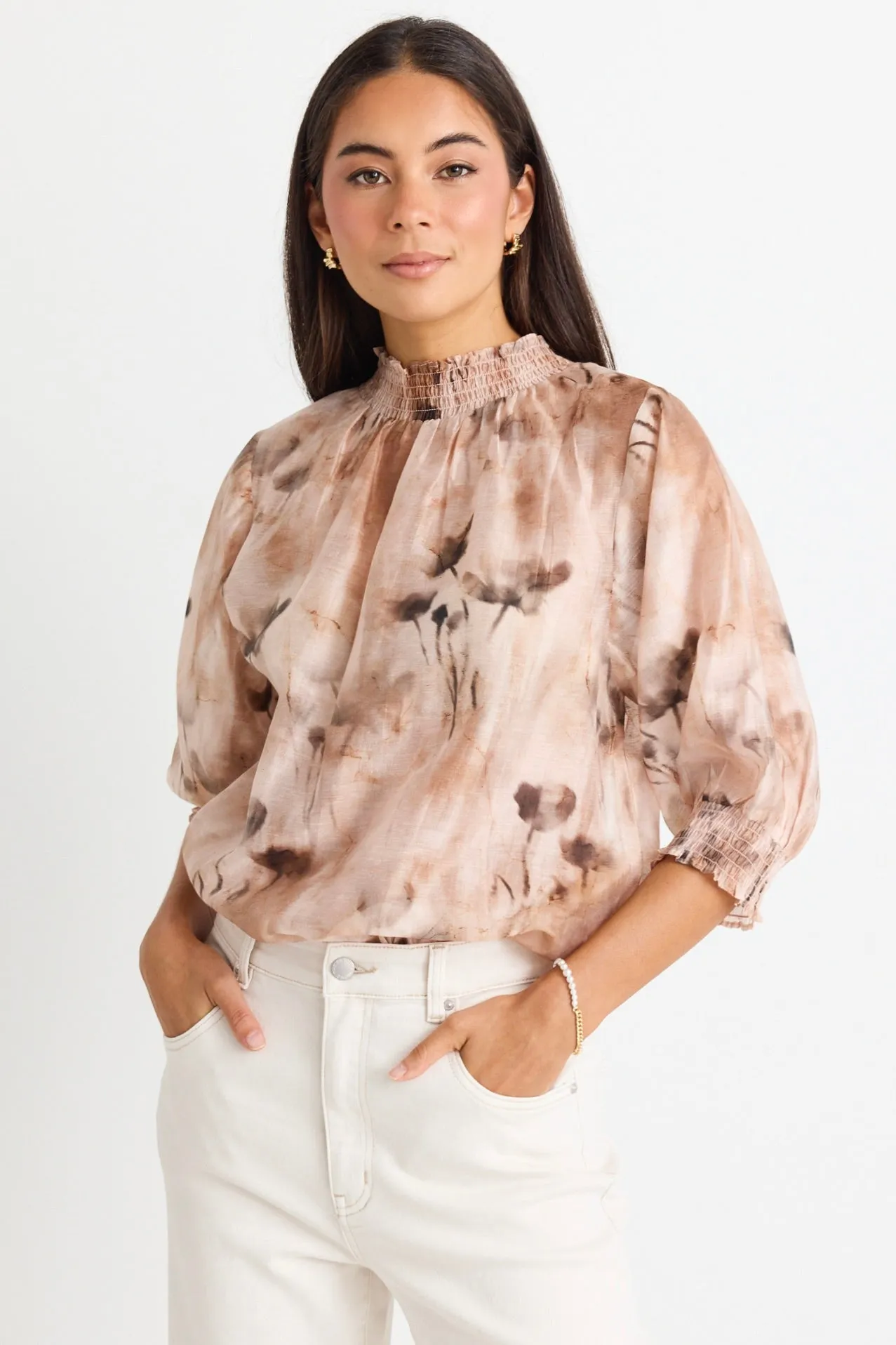 Influential Chocolate Faded Floral Shirred Neck SS Top