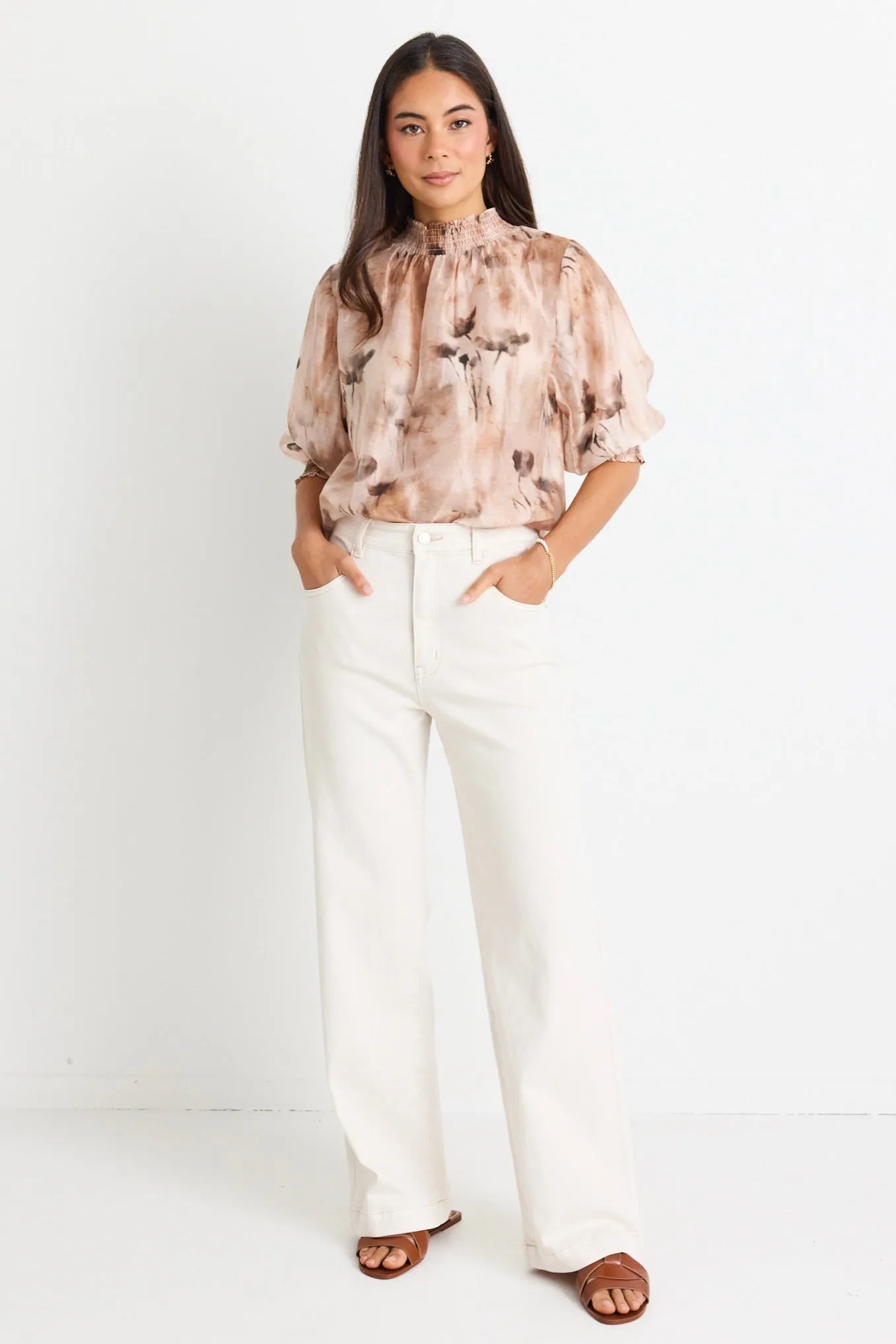 Influential Chocolate Faded Floral Shirred Neck SS Top