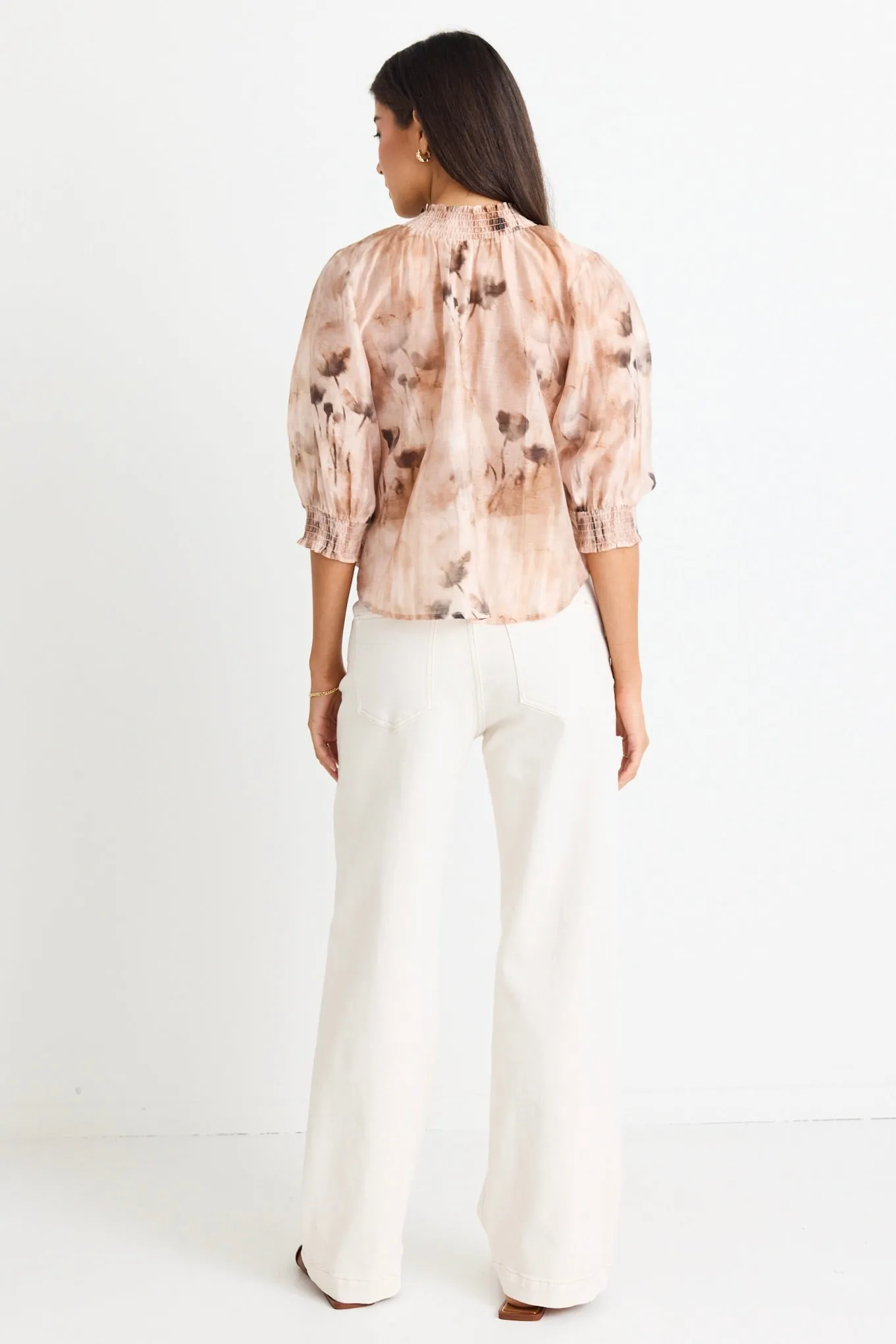 Influential Chocolate Faded Floral Shirred Neck SS Top