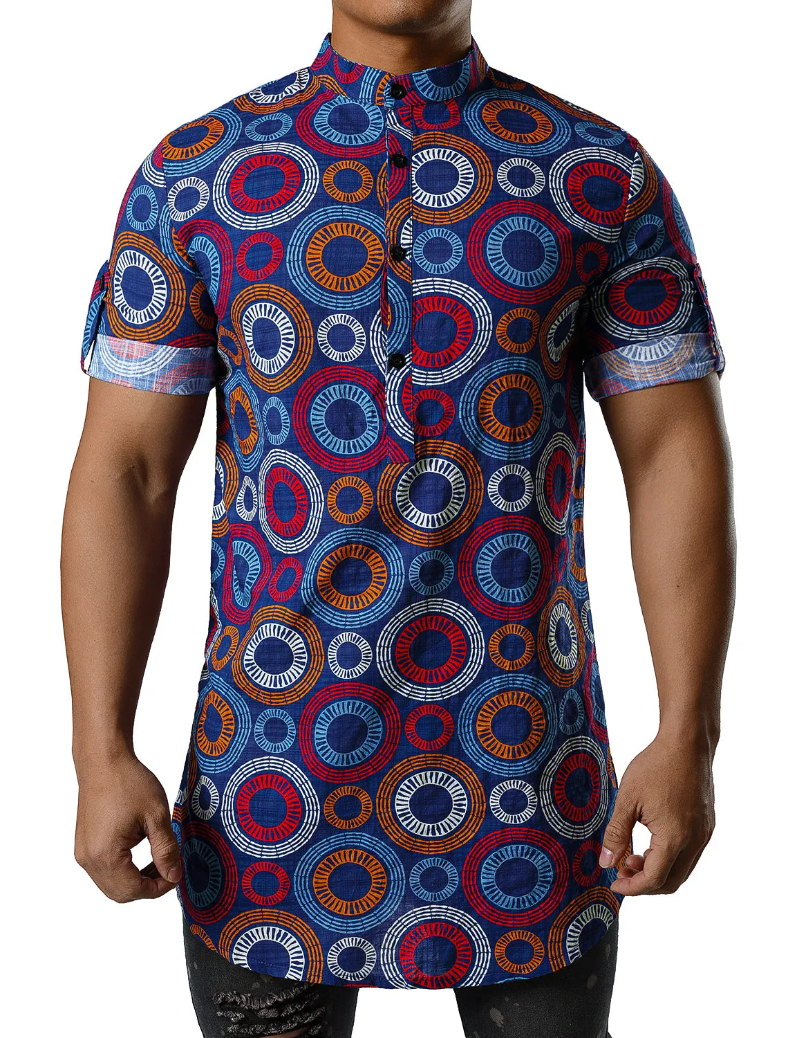 JOGAL Men's African Dashiki Print Henley Shirt Long Sleeve Casual Button Down Shirts