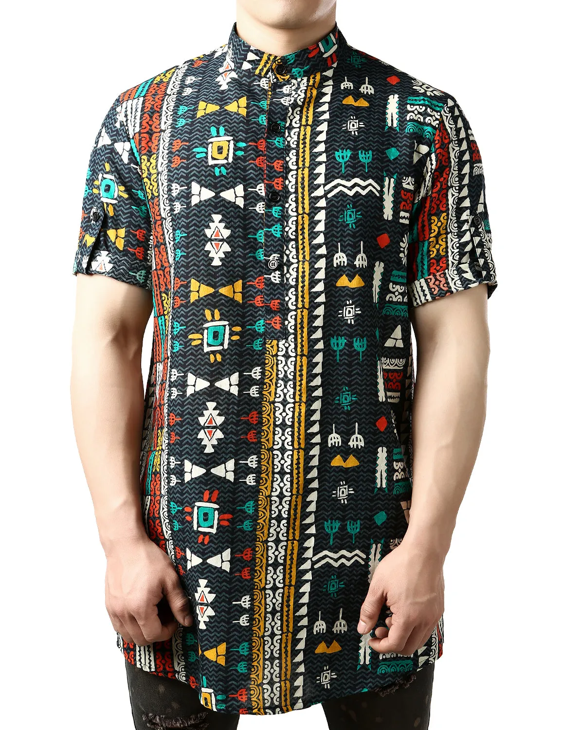 JOGAL Men's African Dashiki Print Henley Shirt Long Sleeve Casual Button Down Shirts