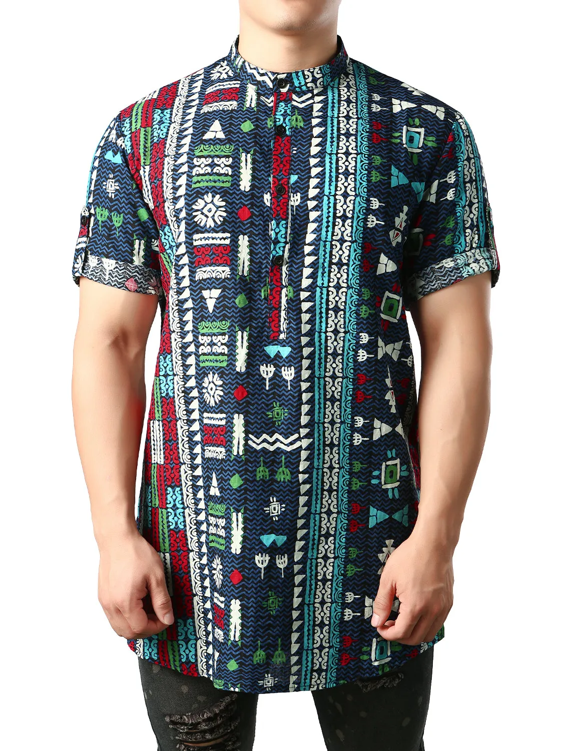 JOGAL Men's African Dashiki Print Henley Shirt Long Sleeve Casual Button Down Shirts