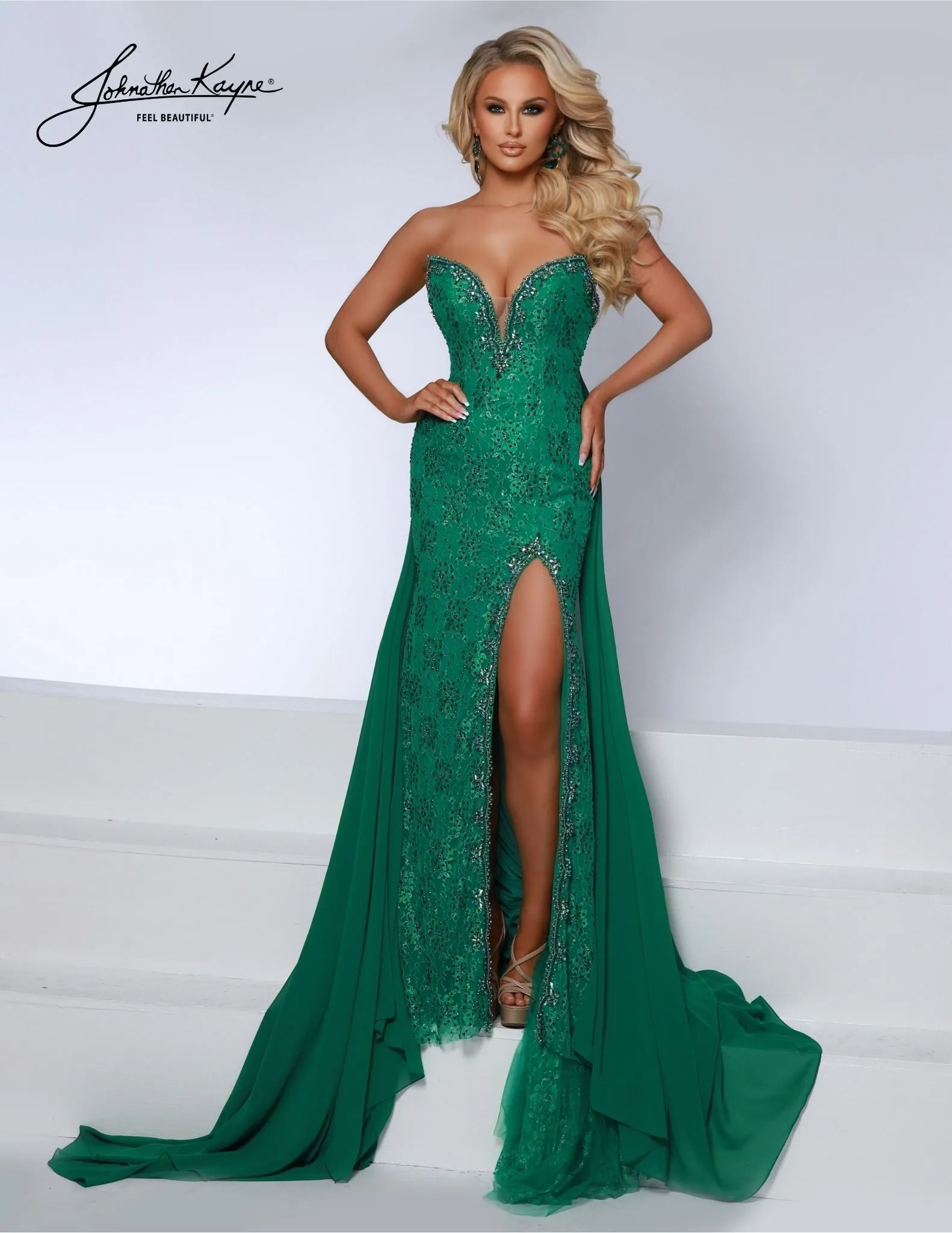 Johnathan Kayne 2734 Pageant Dress Cape Crystal metallic lace V neck Slit Formal Gown