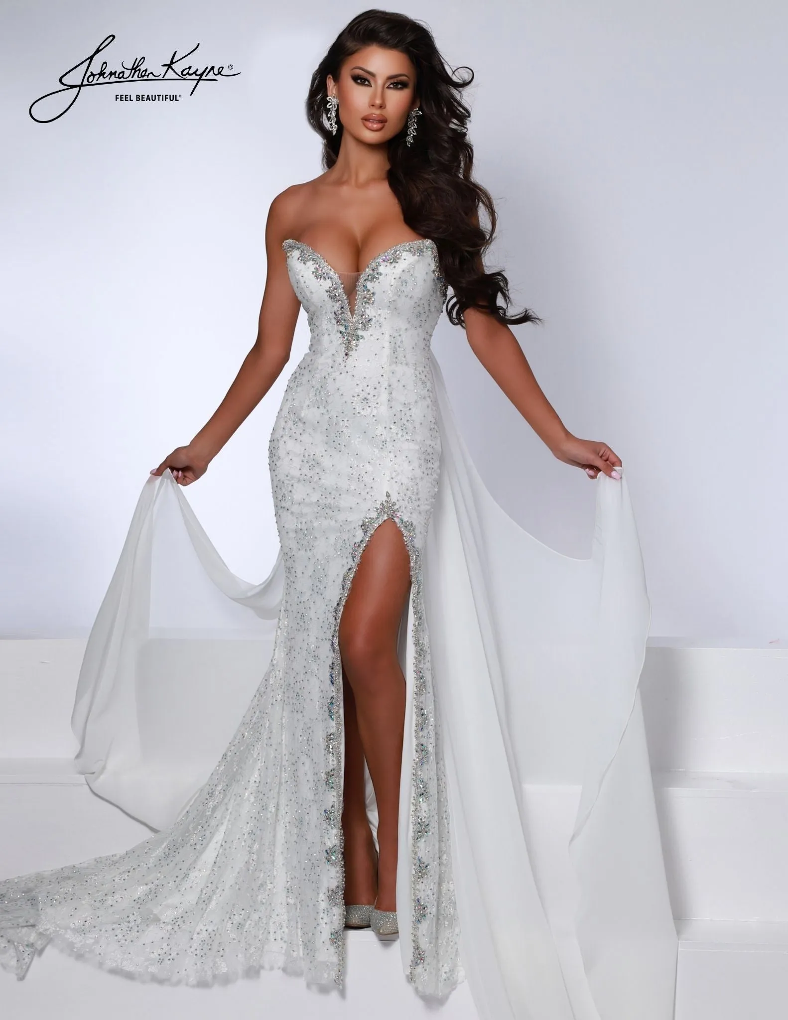 Johnathan Kayne 2734 Pageant Dress Cape Crystal metallic lace V neck Slit Formal Gown