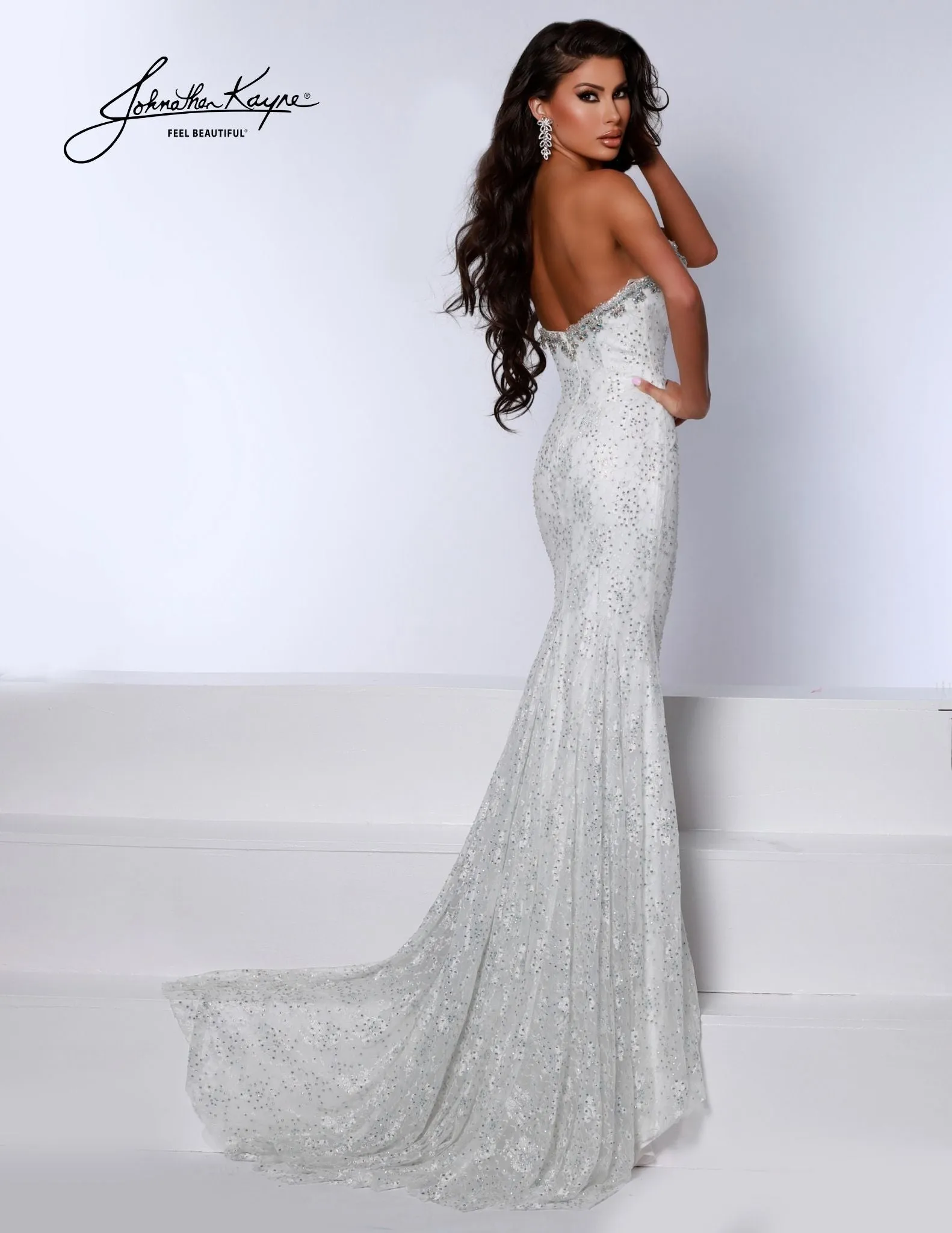 Johnathan Kayne 2734 Pageant Dress Cape Crystal metallic lace V neck Slit Formal Gown