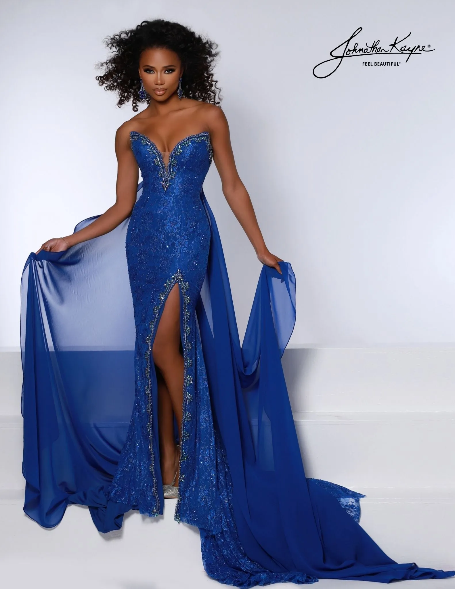 Johnathan Kayne 2734 Pageant Dress Cape Crystal metallic lace V neck Slit Formal Gown