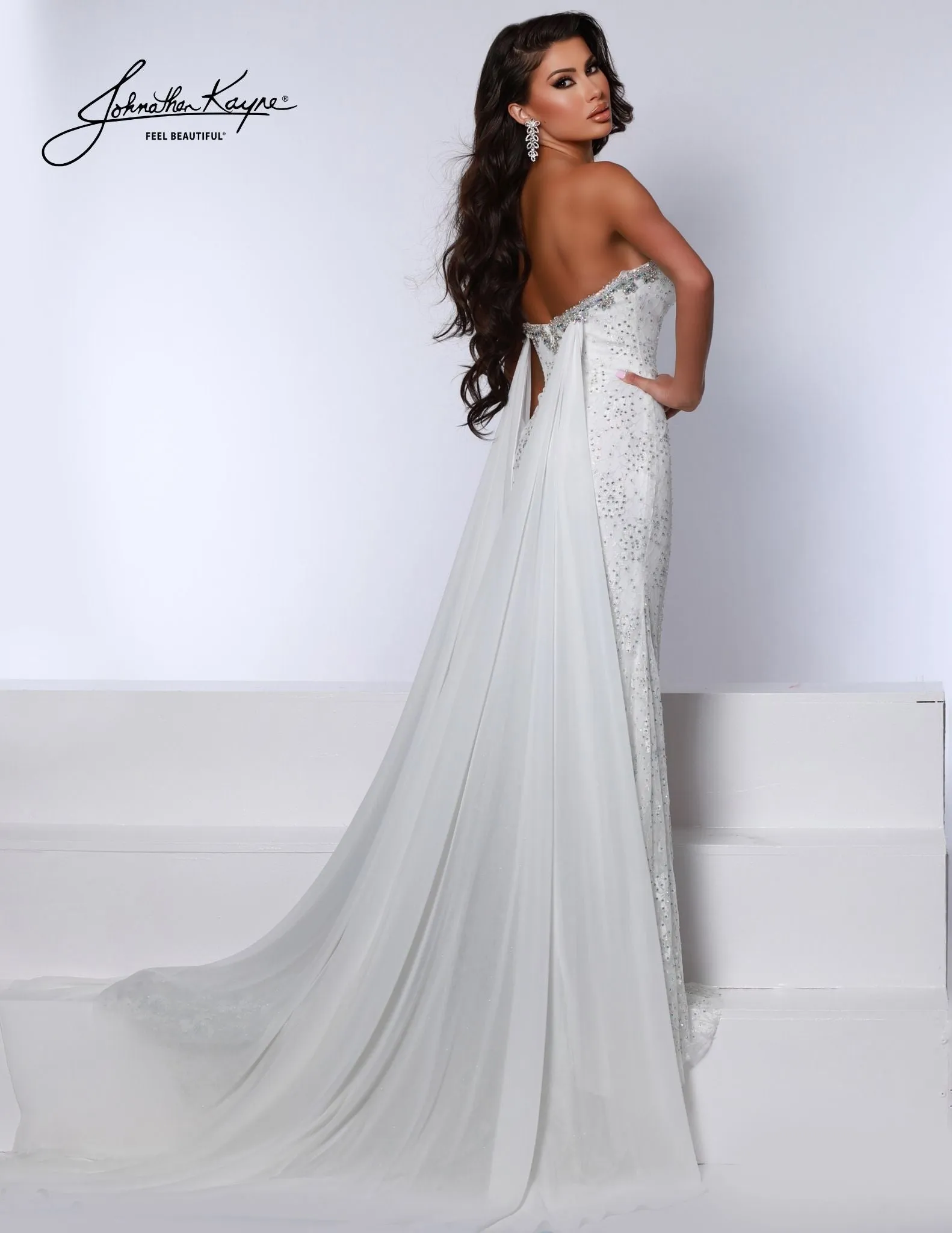 Johnathan Kayne 2734 Pageant Dress Cape Crystal metallic lace V neck Slit Formal Gown