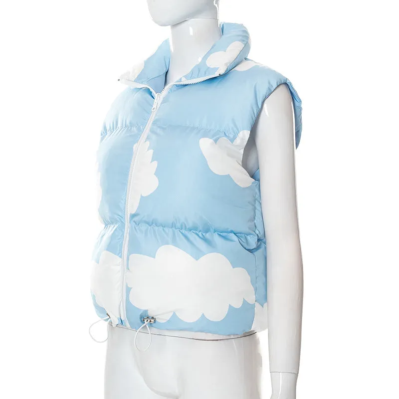 Kawaii cloud prints sleeveless jacket short vest cotton fillings women top inside out