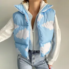 Kawaii cloud prints sleeveless jacket short vest cotton fillings women top inside out