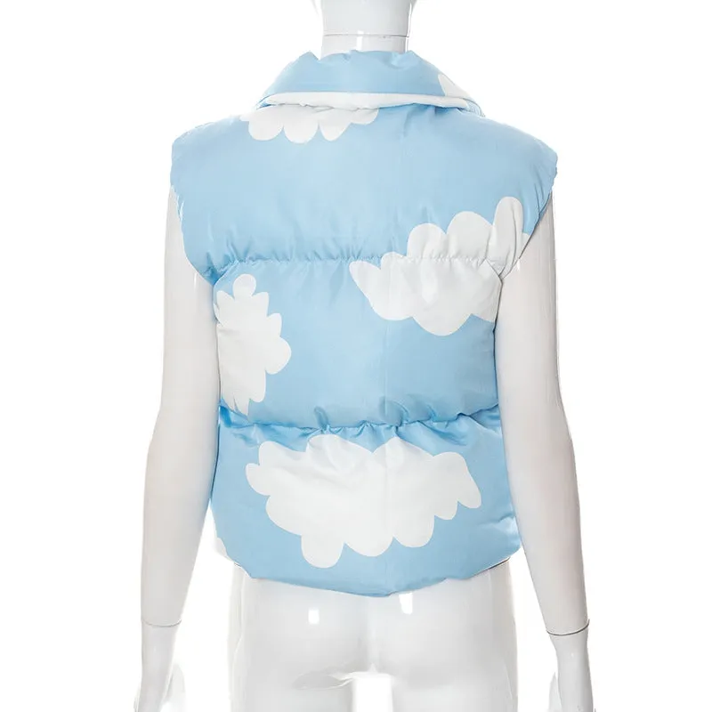 Kawaii cloud prints sleeveless jacket short vest cotton fillings women top inside out