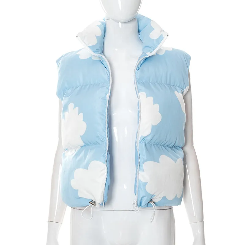 Kawaii cloud prints sleeveless jacket short vest cotton fillings women top inside out