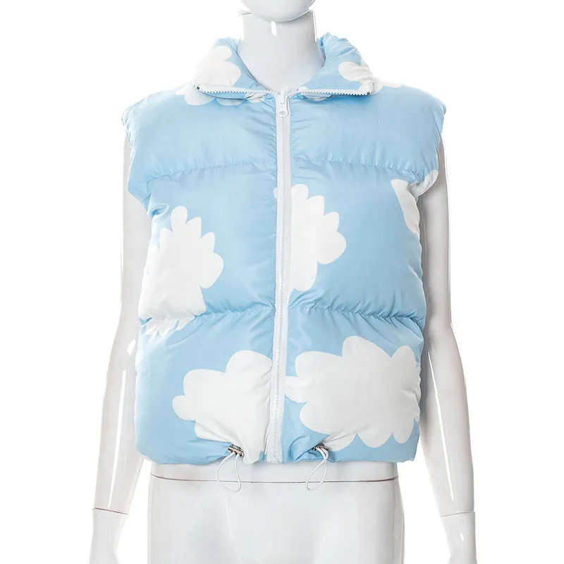 Kawaii cloud prints sleeveless jacket short vest cotton fillings women top inside out