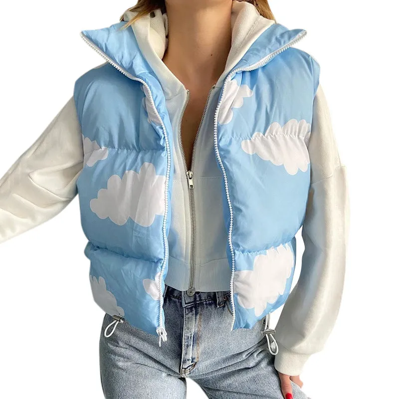 Kawaii cloud prints sleeveless jacket short vest cotton fillings women top inside out