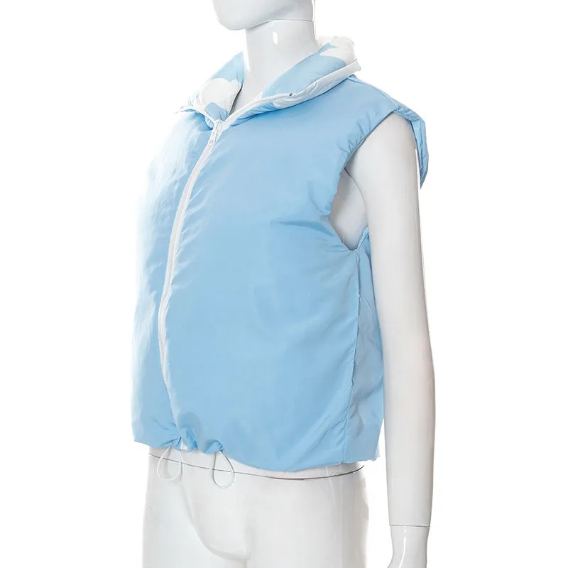 Kawaii cloud prints sleeveless jacket short vest cotton fillings women top inside out