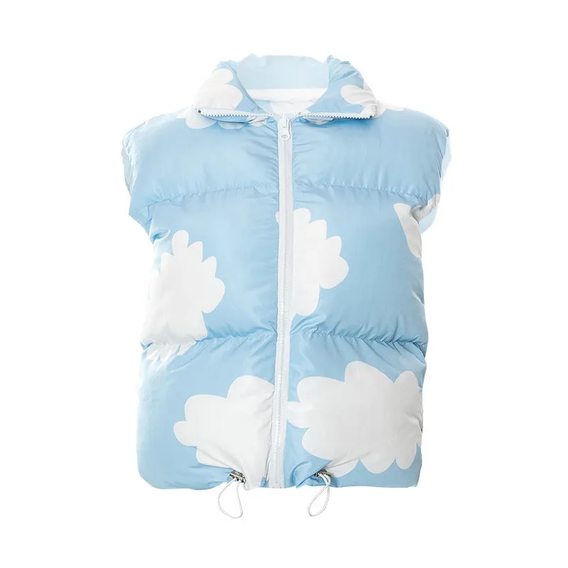 Kawaii cloud prints sleeveless jacket short vest cotton fillings women top inside out