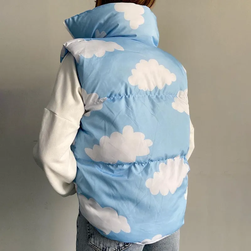 Kawaii cloud prints sleeveless jacket short vest cotton fillings women top inside out