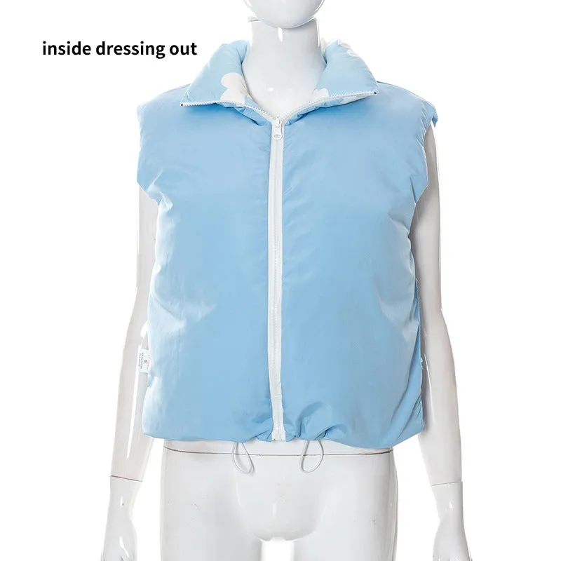 Kawaii cloud prints sleeveless jacket short vest cotton fillings women top inside out