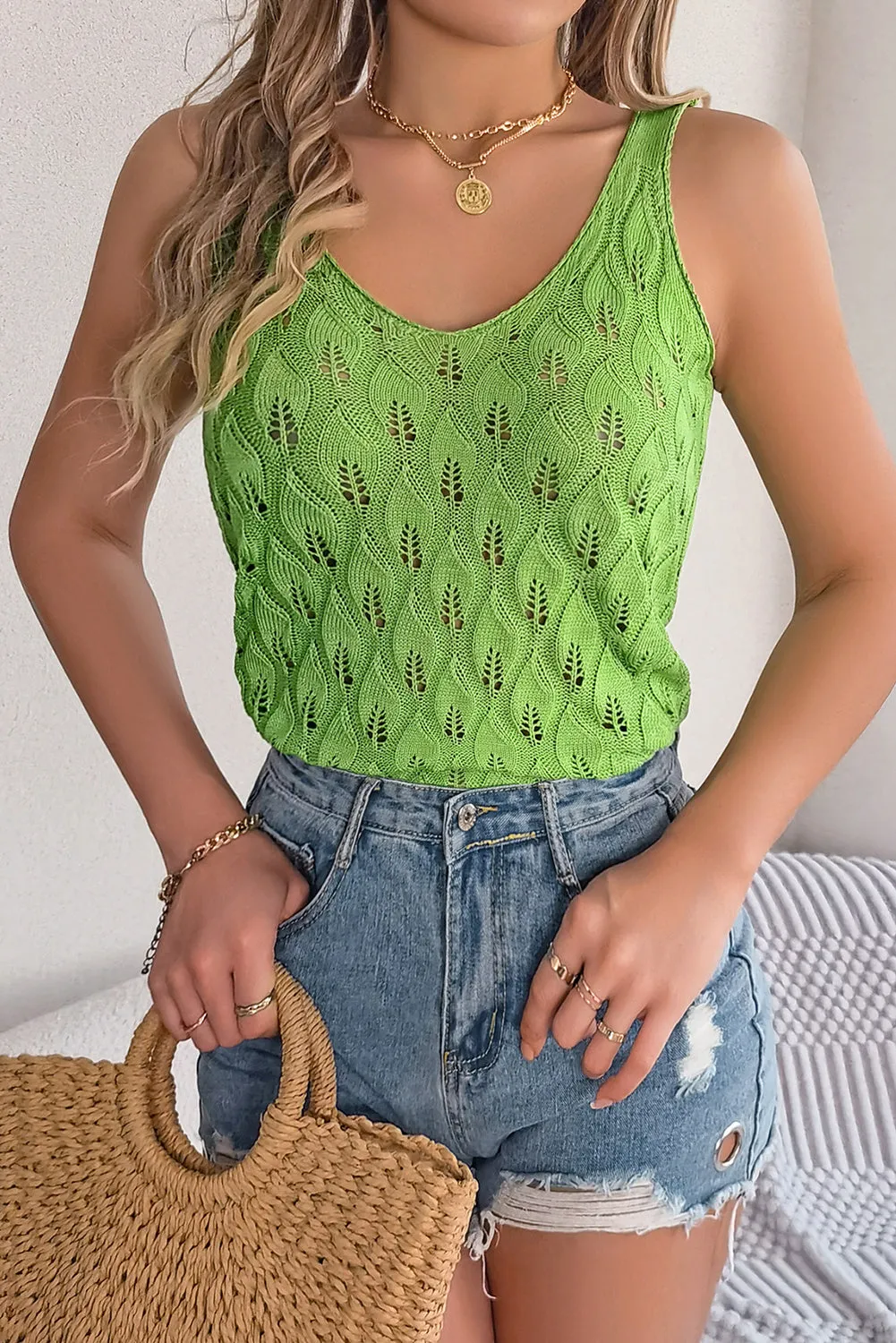 Light Green Hollow V Neck Knitted Vest
