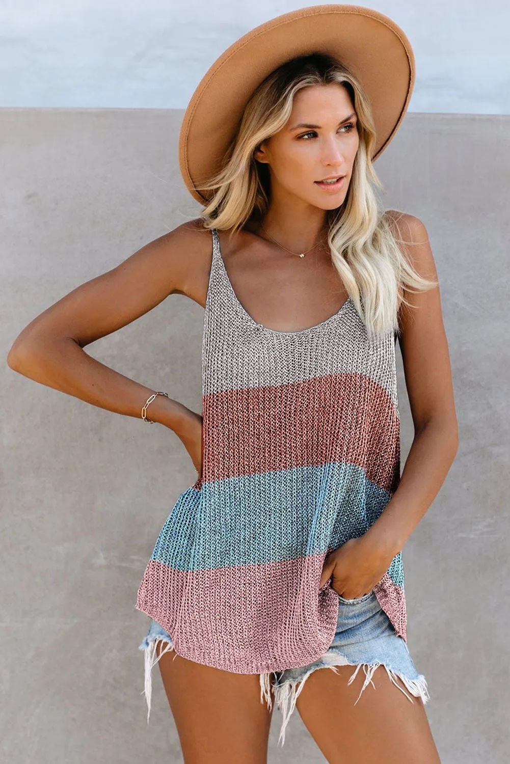 Multicolor Round Neck Knitted Cami Tank Top