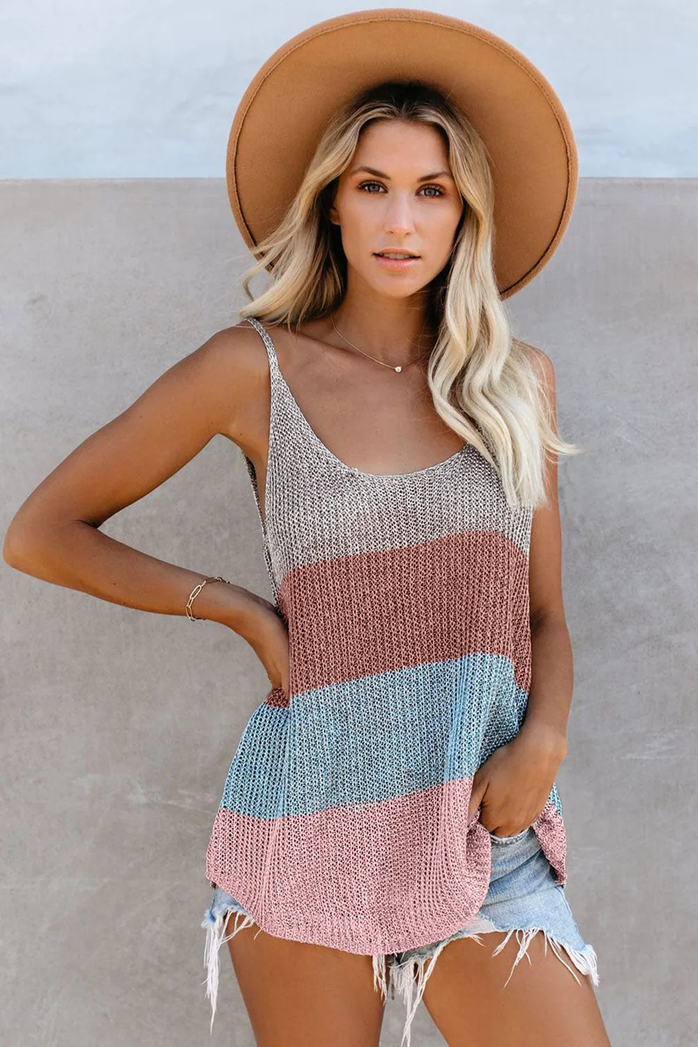 Multicolor Round Neck Knitted Cami Tank Top