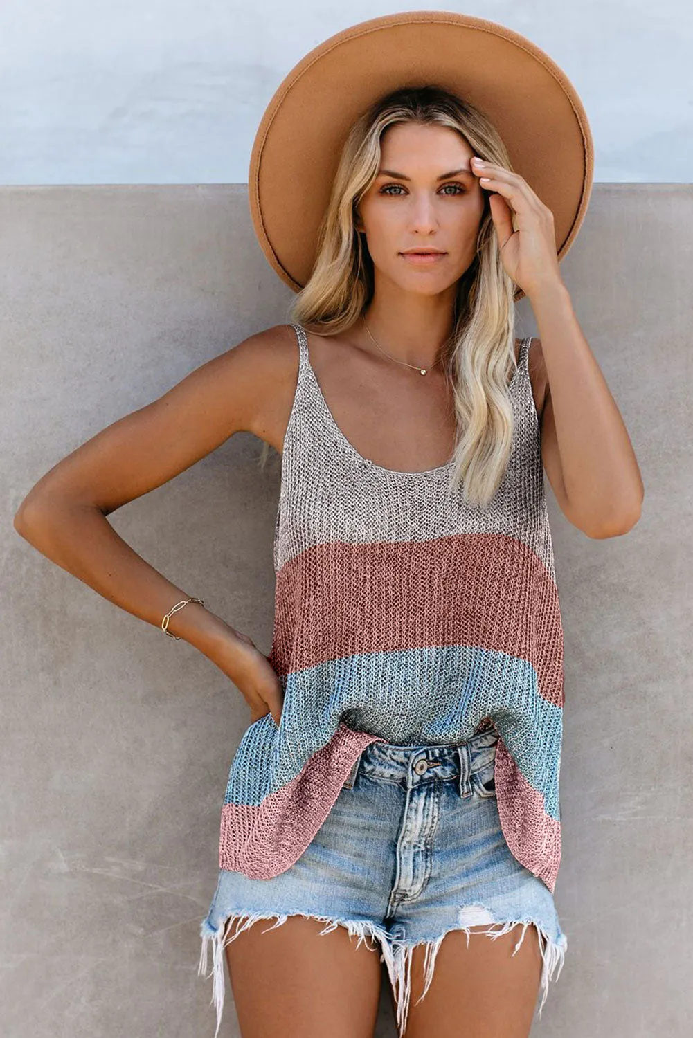 Multicolor Round Neck Knitted Cami Tank Top