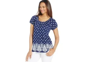 NWT Karen Scott Stylist Navy Short-Sleeve Bandana-Print Henley Top Shirt Tee XS