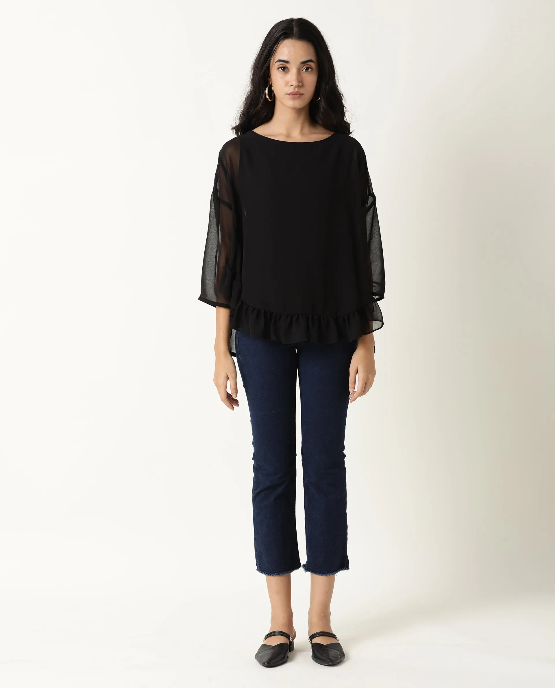 Rareism Women Hold Black Polyester Fabric Relaxed Fit Round Neck Full Sleeves Solid Top