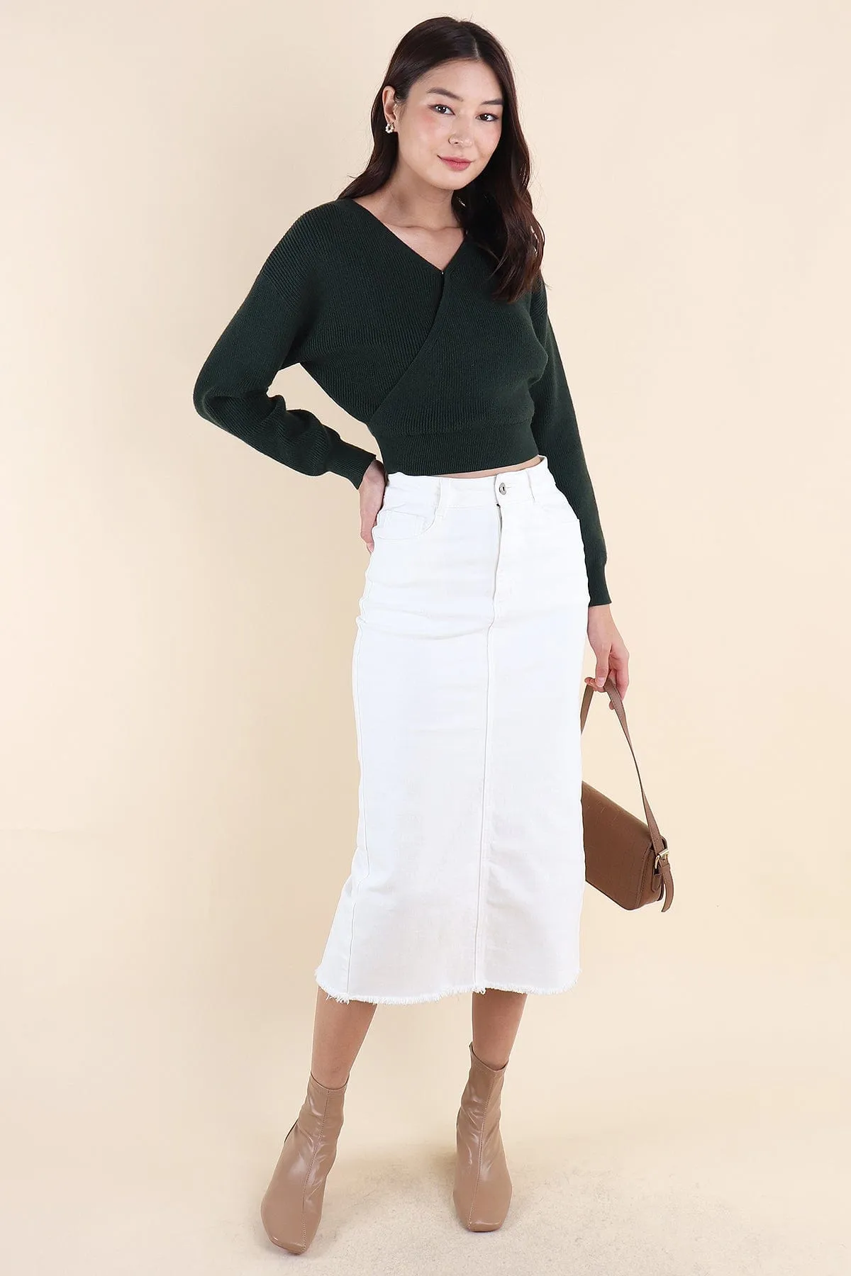 RESTOCKED** MILLER DENIM MIDI SKIRT IN WHITE