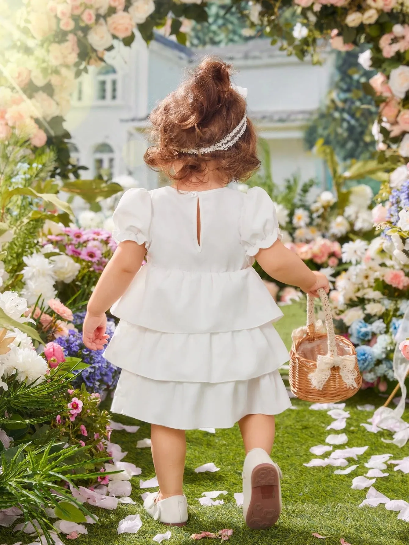 SHEIN Baby Appliques Puff Sleeve Layer Hem Dress