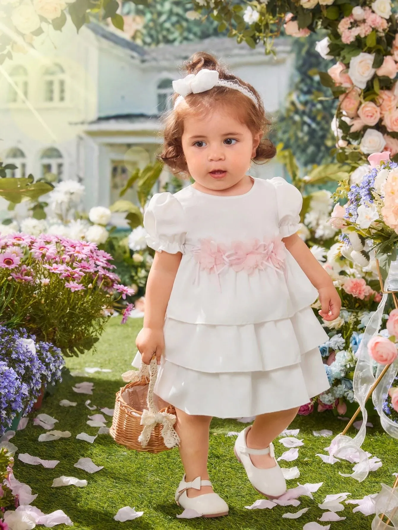 SHEIN Baby Appliques Puff Sleeve Layer Hem Dress