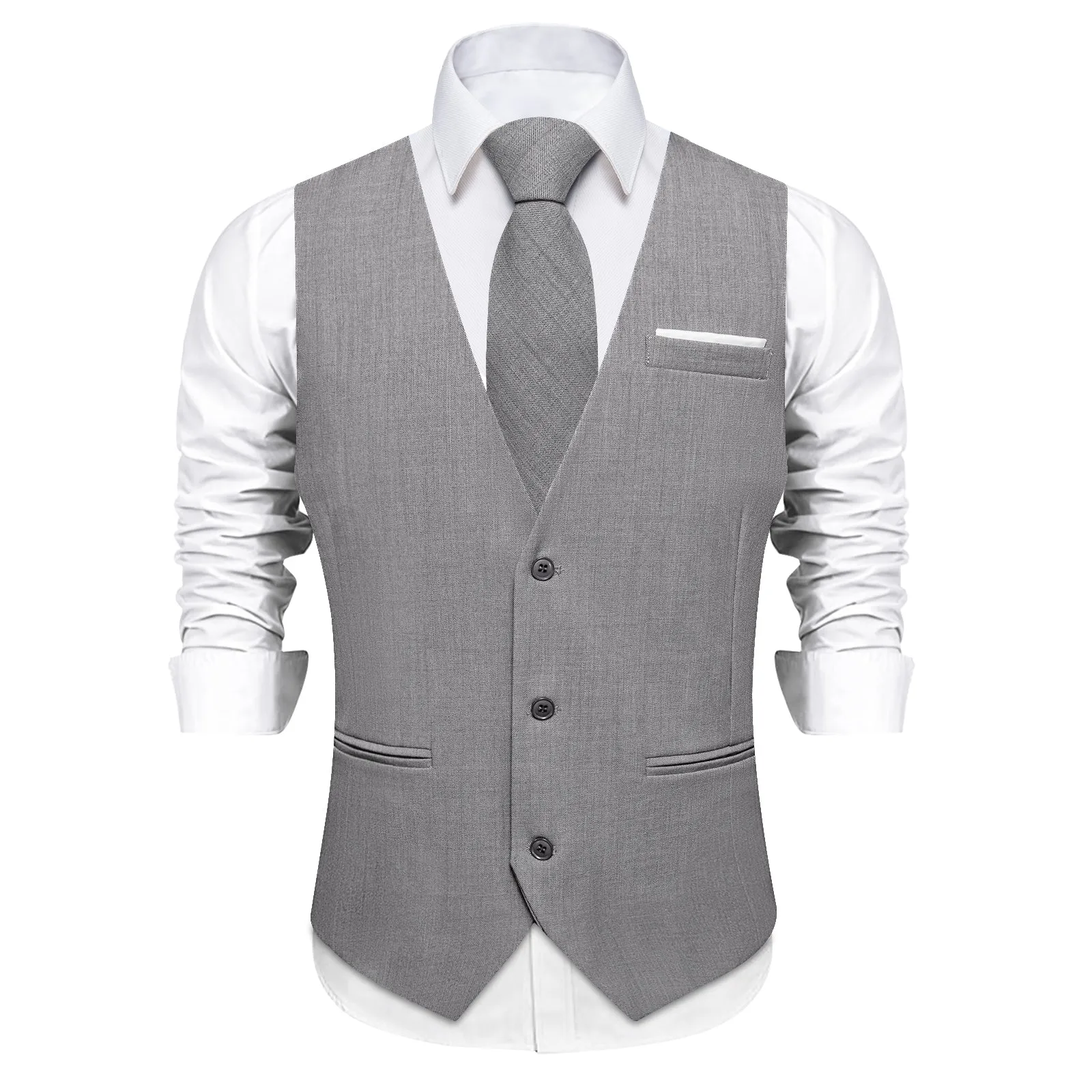 Slive Grey Solid Jacquard Men's Vest Hanky Cufflinks Tie Set