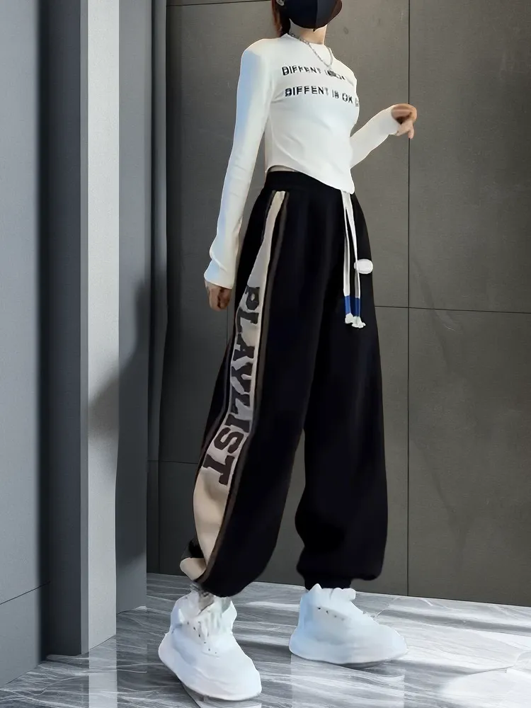 Spring and Autumn White Sweatpants for Women, Trendy Loose-Fit Casual Pants, American and European-Inspired Color-Block Patchwork Joggers