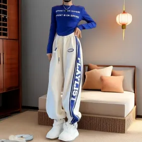 Spring and Autumn White Sweatpants for Women, Trendy Loose-Fit Casual Pants, American and European-Inspired Color-Block Patchwork Joggers