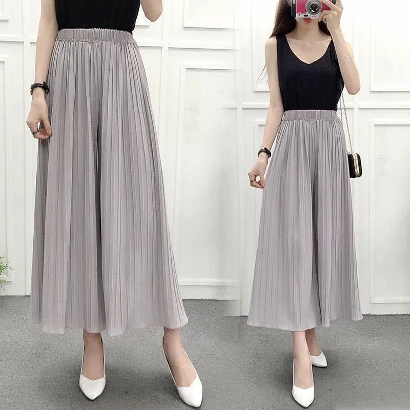 Wide Leg Women Summer Chiffon Ankle-Length High Waist Drape Loose Culottes Trendy Plus Size Slim-Look Pants