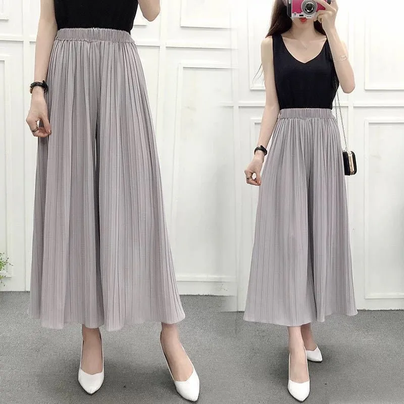 Wide Leg Women Summer Chiffon Ankle-Length High Waist Drape Loose Culottes Trendy Plus Size Slim-Look Pants