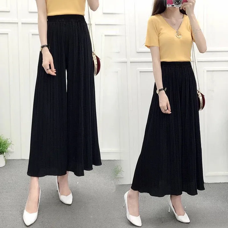 Wide Leg Women Summer Chiffon Ankle-Length High Waist Drape Loose Culottes Trendy Plus Size Slim-Look Pants