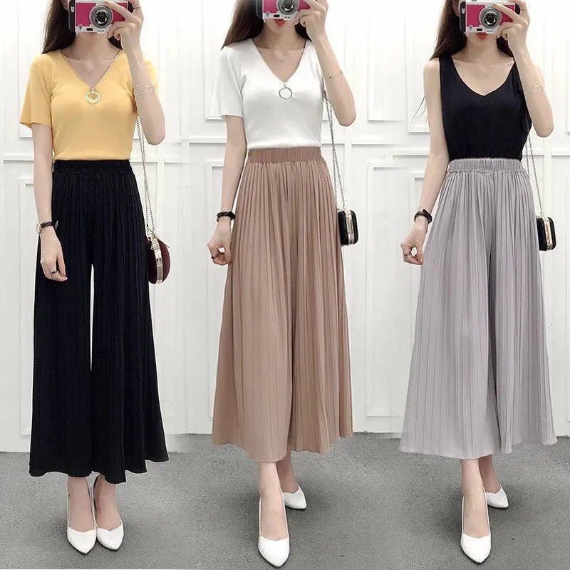 Wide Leg Women Summer Chiffon Ankle-Length High Waist Drape Loose Culottes Trendy Plus Size Slim-Look Pants