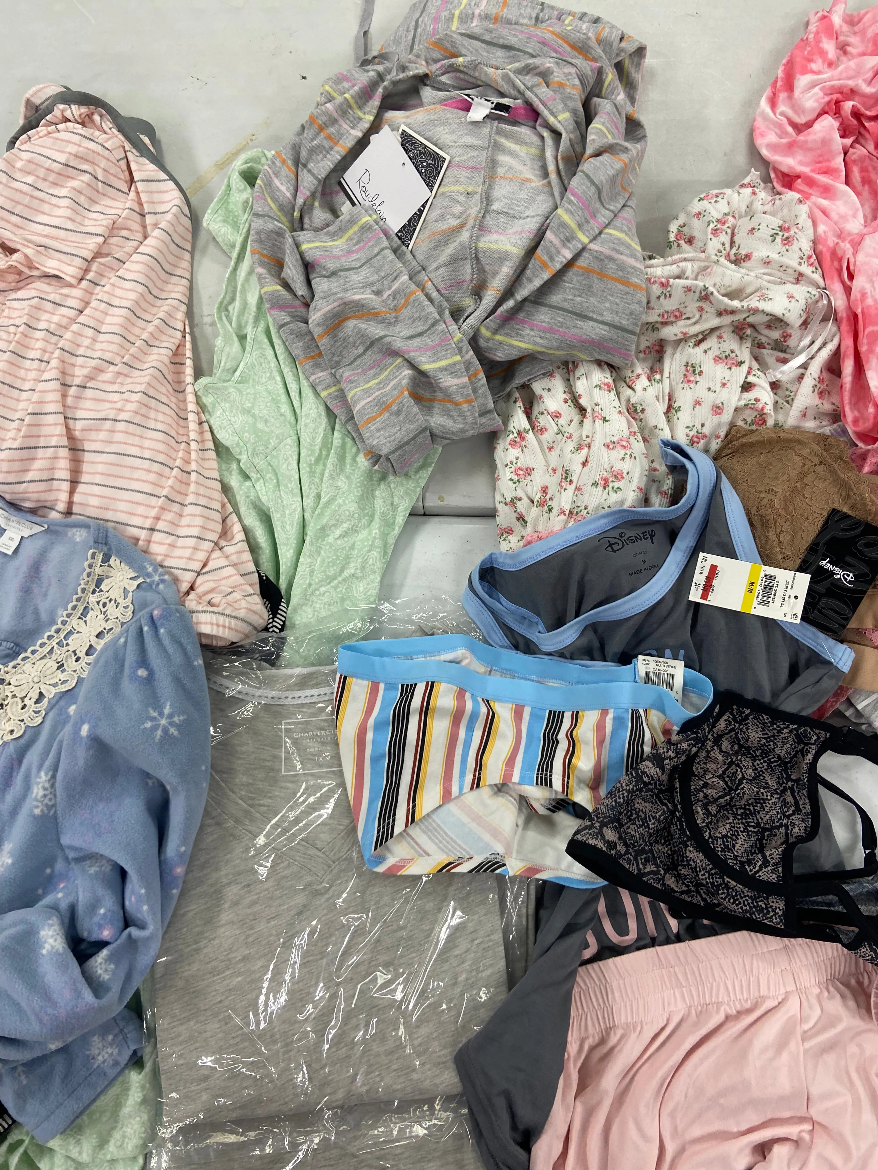 Women's Intimates Wholesale Lot, DISNEY, FLORA, GOLYTA, CHARTER CLUB, ALFANI and more, 16 items, Shelf Pulls, MSRP $616